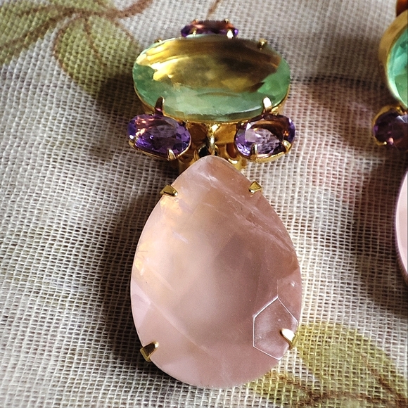 BOUNKIT Gemstone Gold Tone Clip Earrings Prong Set Signed 14kt Plated